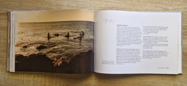 Open pages of Mandurah Surf The Characters and The Coast by Bruce Ellis showing historic surf photography and written stories