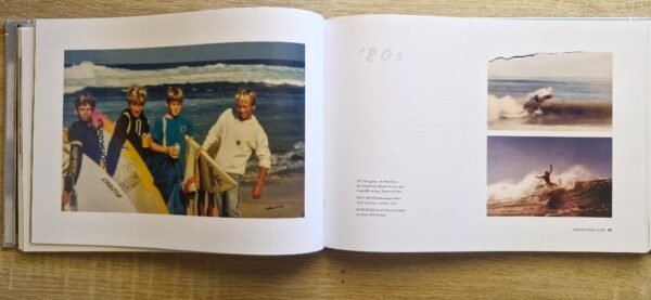 Open pages of Mandurah Surf The Characters and The Coast by Bruce Ellis showing historic surf photography and written stories
