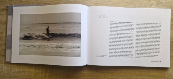 Open pages of Mandurah Surf The Characters and The Coast by Bruce Ellis showing historic surf photography and written stories