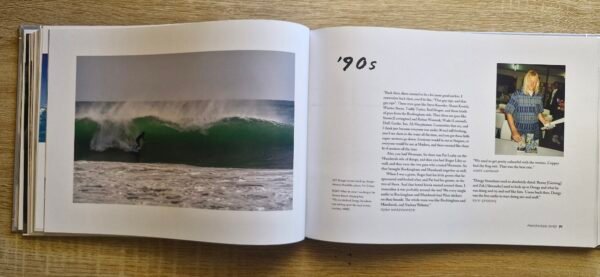 Open pages of Mandurah Surf The Characters and The Coast by Bruce Ellis showing historic surf photography and written stories