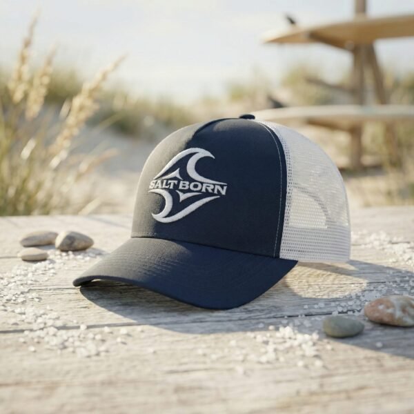 Black and white Salt Born trucker cap with mesh back and snapback closure