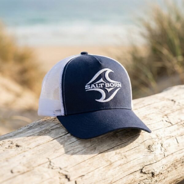 Navy and white Salt Born trucker cap with mesh back and wave logo beach setting