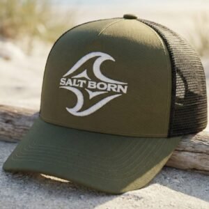 Olive green Salt Born trucker cap with black mesh, coastal surf style