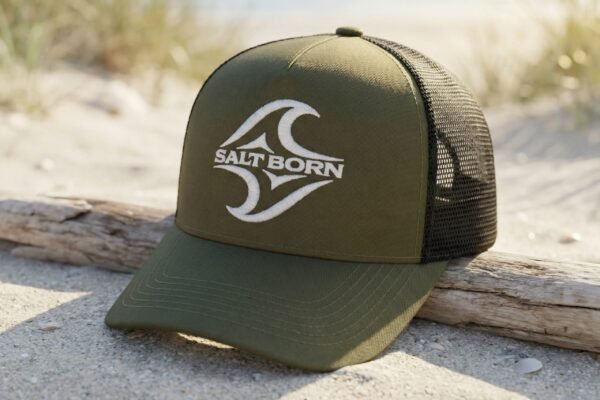 Olive green Salt Born trucker cap with black mesh, coastal surf style