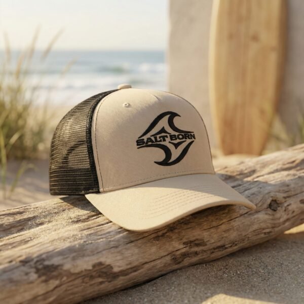 Sand and black Salt Born trucker cap featuring breathable mesh backing