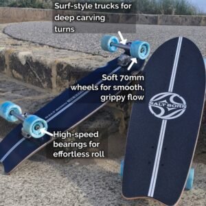 Salt Born surfskate board with blue wheels and surf training features